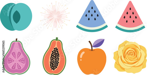 Vibrant collection of fresh fruits and a delicate flower illustration