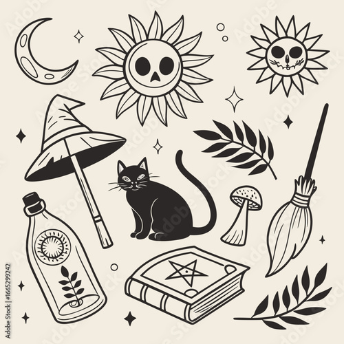 Mystical witchcraft elements collection featuring black cat moon sun broom and spellbook