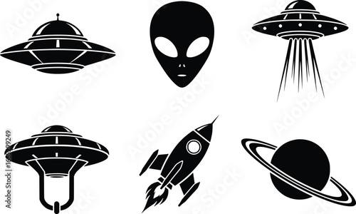 Retro sci fi silhouette icons featuring flying saucers alien head rocket ship and saturn for cosmic space exploration graphics