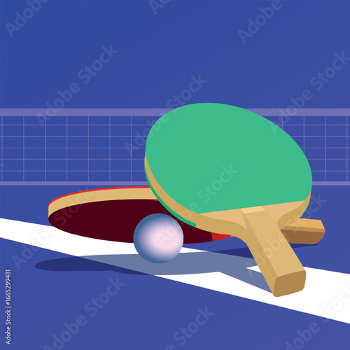 Two ping pong rackets, ball, net on blue table, flat illustration, ideal for competition banner, poster, game app icon. Decor of a sports store, goods for active recreation, hobbies