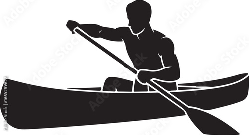 Silhouette of a person rowing a canoe with a paddle