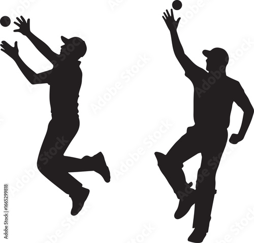 Silhouette of two cricket players catching a ball in mid-air