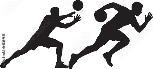 Silhouette of two basketball players in action, one defending and one running with the ball