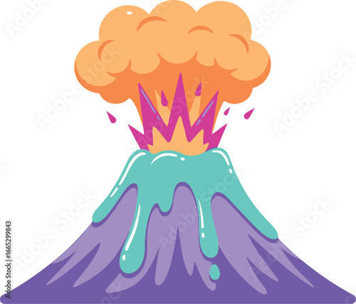 Vibrant cartoon volcano erupting with colorful lava and smoke, symbolizing powerful natural forces.