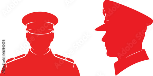 Red Silhouettes of Military Officers in Uniforms with Caps