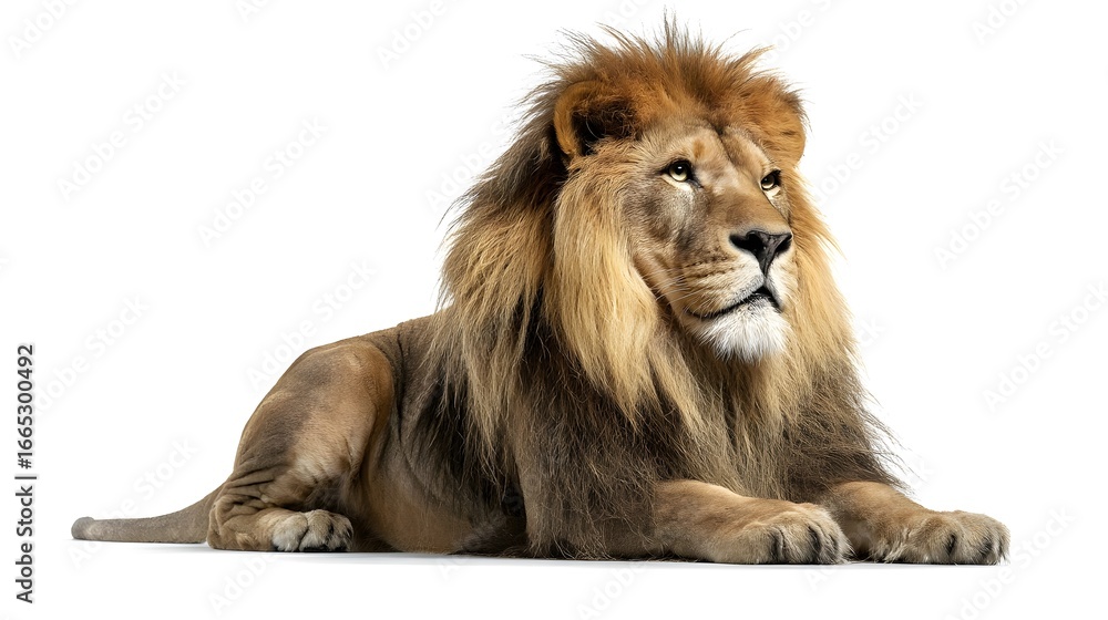 Obraz premium Majestic Lion Sitting on White Background
