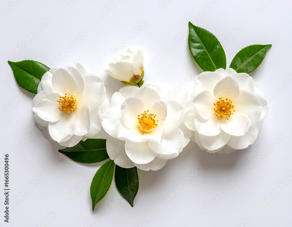Obraz premium Elegant white camellia flowers arranged on a white background