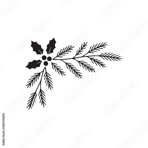 Festive corner design with holly and pine branches.This black and white graphic features a stylized corner design with holly and pine branches.