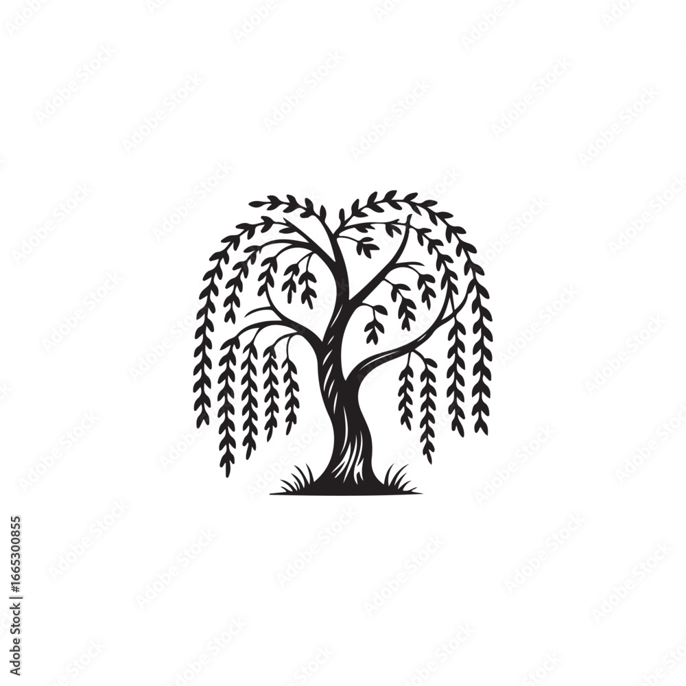 Obraz premium Elegant black and white silhouette of a weeping willow tree.A stylized, black silhouette of a weeping willow tree against a white background.