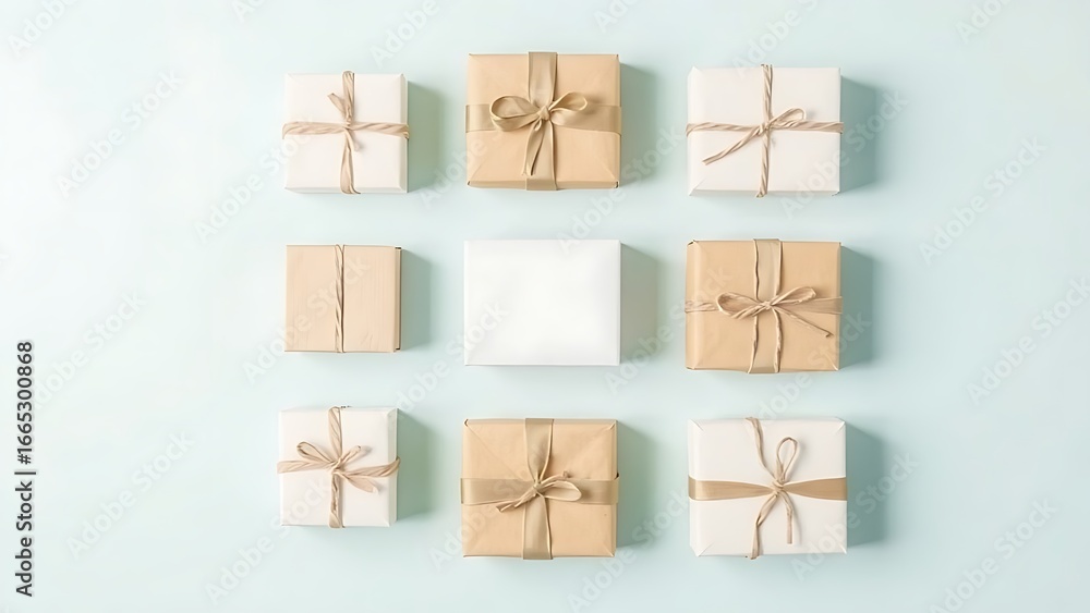 Obraz premium Geometrically arranged package boxes in soft pastel tones, representing organized shopping and delivery.