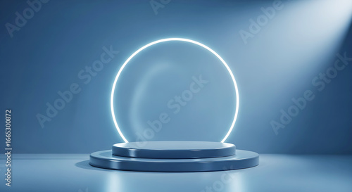 Modern minimalist blue podium with a glowing neon ring and a dramatic spotlight, perfect for product displays and presentations
