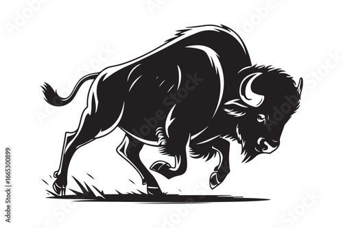 Powerful charging bison silhouette illustration