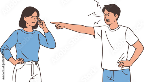 Angry man pointing and yelling at a frustrated woman during conflict