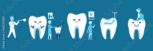 Smiling teeth characters with dental care tools and medical staff performing teeth cleaning oral hygiene and filling treatments in flat vector style