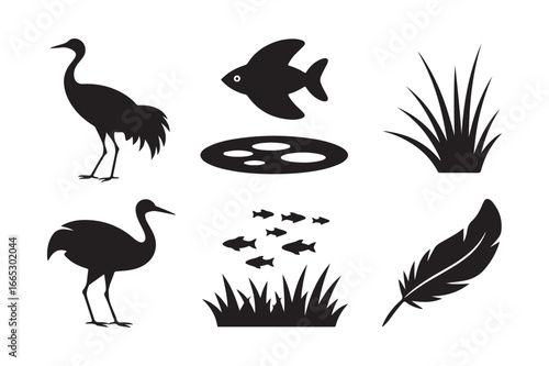 Silhouettes of wetlands wildlife and flora