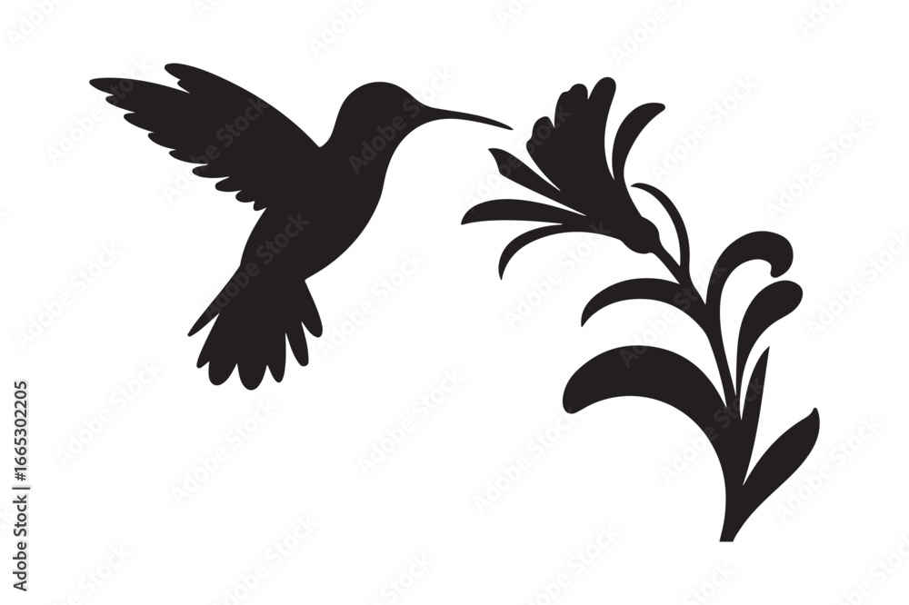 Fototapeta premium Silhouette of a hummingbird feeding from a stylized flower