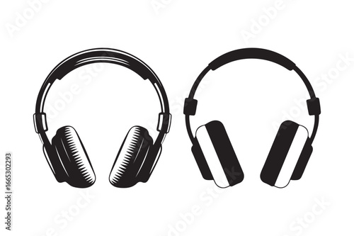 Two stylized black and white headphones on a white background