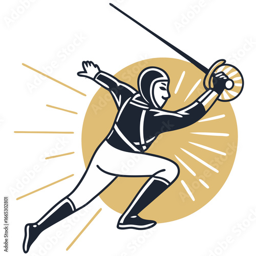 Fencer in action lunging forward with sword in dynamic pose  