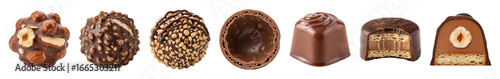 Chocolate praline set including whole, cut, cream filled, and nut-coated varieties isolated. Delicious confectionery collection.
