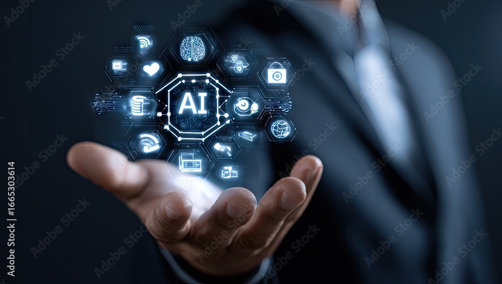Fototapeta premium Businessman holds holographic AI icons (1)