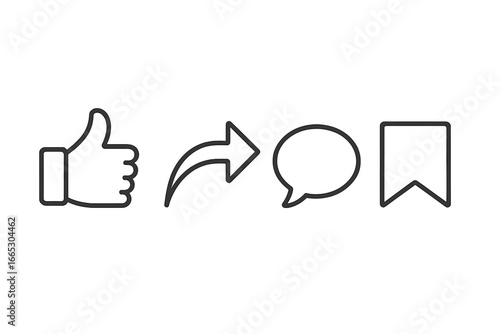 Social media interactions displayed with icons for liking, sharing, commenting, and saving content