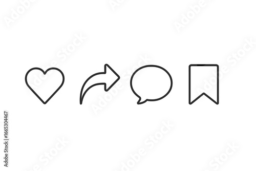 Symbols representing interaction and engagement in social media environments showcasing likes, shares, comments, and saves
