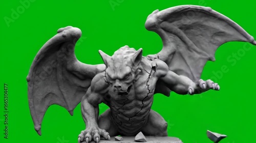 Stone Gargoyle Awakening on Green Screen - A detailed 3D-video gargoyle statue cracks and comes to life, stretching its wings and yawning against a bright green screen.