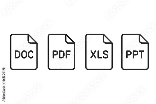 Different types of document file formats for digital usage including DOC, PDF, XLS, and PPT