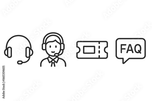 Customer support symbols illustrating ticketing and FAQ interactions at a service center