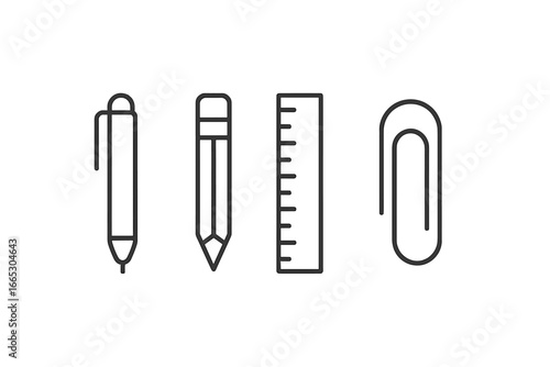 Drawing tools and stationery include pen, pencil, ruler, and paperclip used for creative tasks and organization