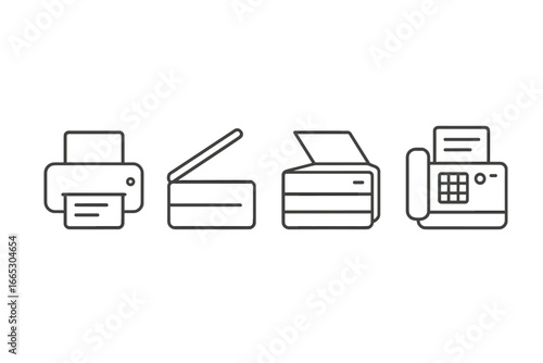 Various office devices representing printing, scanning, copying, and faxing processes in a modern workspace
