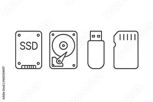 Storage devices including SSD, hard drive, USB flash drive, and memory card arranged in a row on a plain background