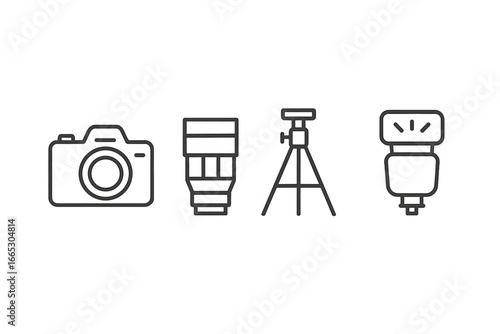 Camera equipment layout on a white background, showcasing essential tools for photography and videography