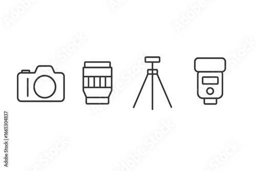 Essential photography equipment including camera, lens, tripod, and flash for capturing high-quality images