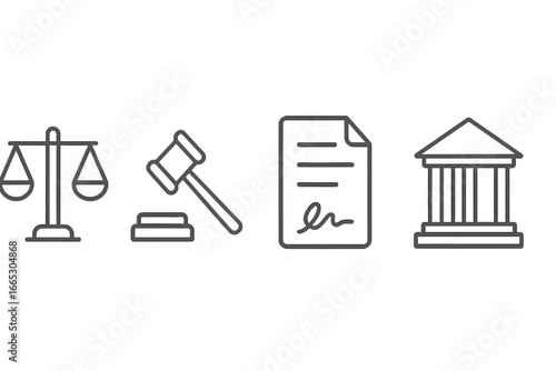 Law symbols representing justice, legal proceedings, documents, and courthouses in a minimalist design