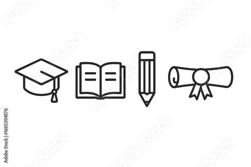Symbols of education showcasing graduation cap, book, pencil, and diploma for academic achievement