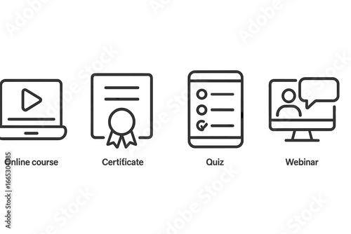Online learning components including video, certificate, quiz, and webinar models for educational courses