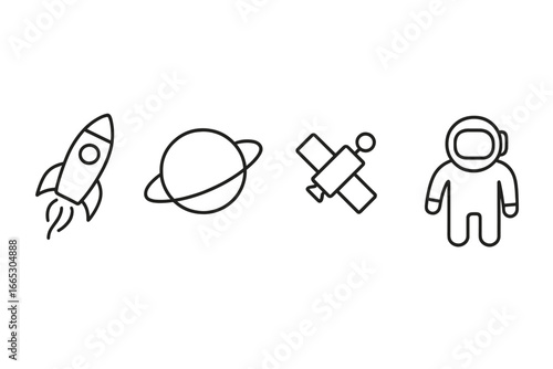 Space exploration concepts featuring a rocket, planet, satellite, and astronaut in a minimalist design