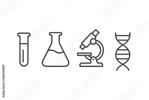 Laboratory equipment including test tubes, flasks, microscopes, and DNA strands in a scientific setting
