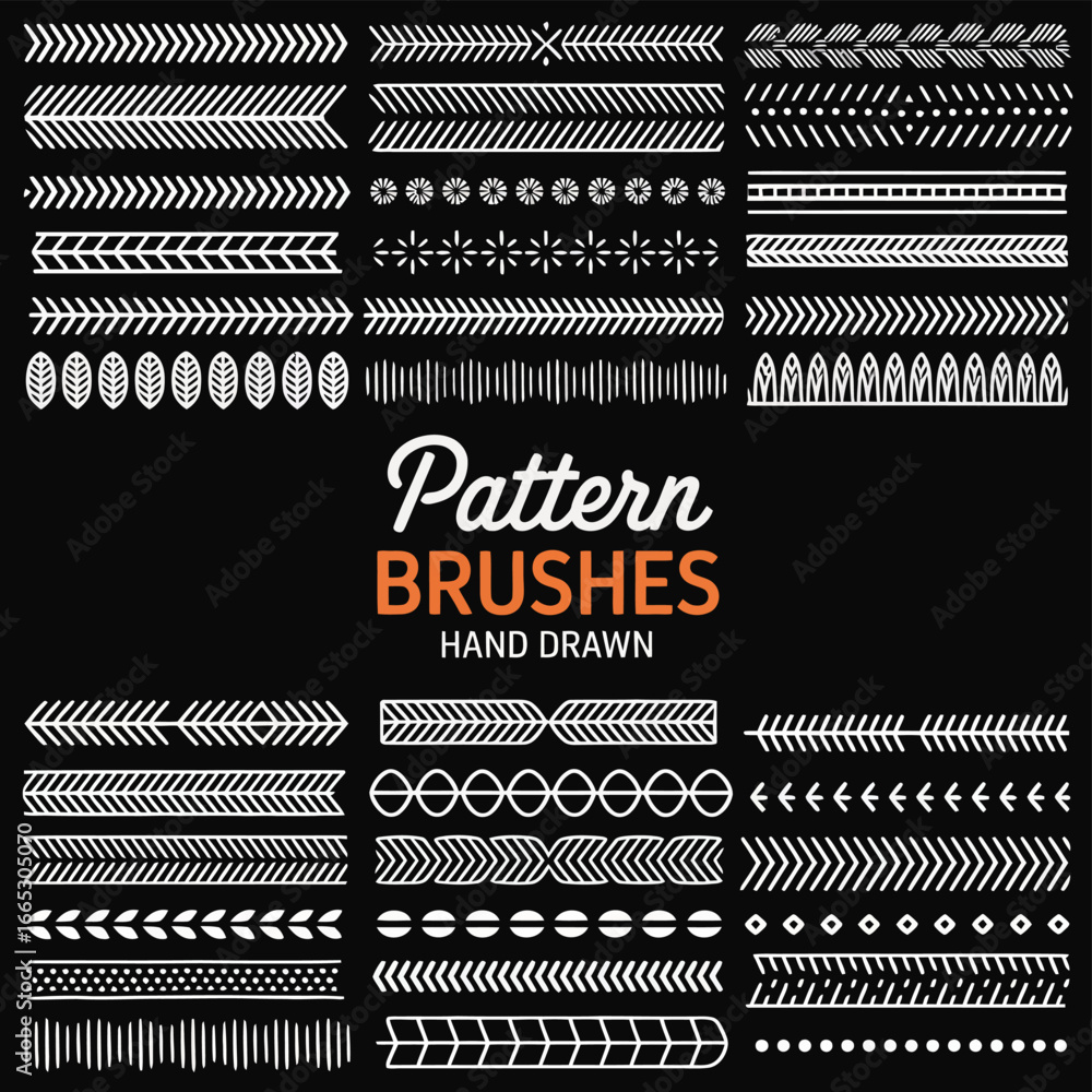 Hand Drawn Pattern Brushes Collection – Artistic Decorative Elements for Illustrator or Photoshop Featuring Seamless Borders, Textures, and Doodle-Style Designs for Creative Digital Art Projects.