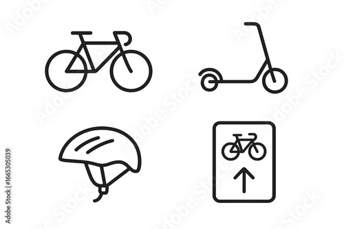 Different modes of transport including bicycles, scooters, helmets, and directional signs for cycling paths