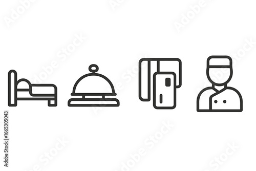 Hotel services icons representing accommodation, concierge, amenities, and staff roles in a simplified design