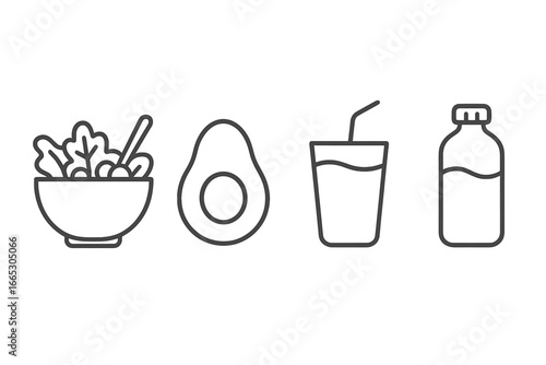 Fresh salad, avocado, juice, and smoothie prepared for a healthy meal at a home kitchen
