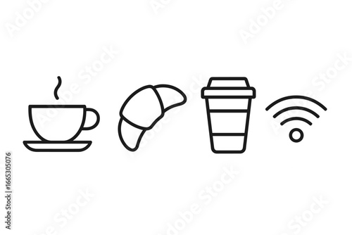 Coffeeshop essentials with warm beverage, croissant, takeaway cup, and Wi-Fi symbol in a minimalist style