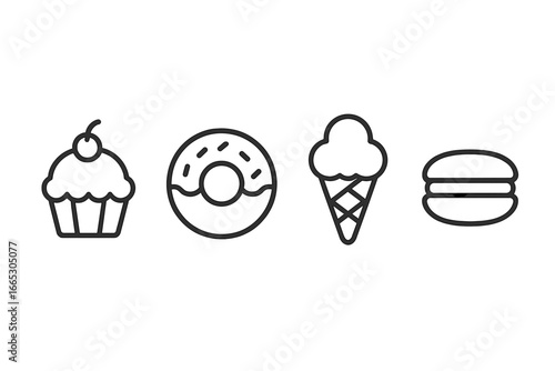 Delightful treats including cupcakes, donuts, ice cream, and macarons displayed in a colorful pattern on a bright background