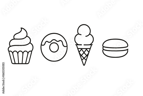 Variety of desserts illustrated in a simple, minimalist style featuring cupcakes, donuts, ice cream, and macarons