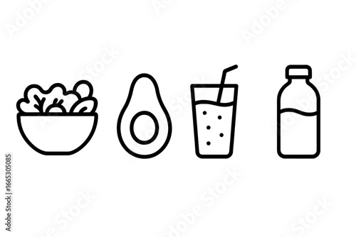 Fresh salad, avocado, smoothie, and juice displayed on a clean background for healthy eating choices