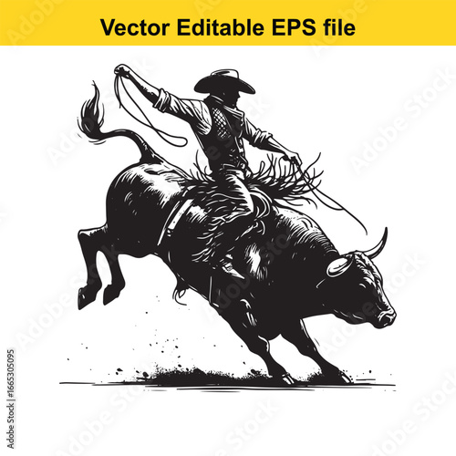 Cowboy riding a bucking bull in a rodeo, dynamic action illustration