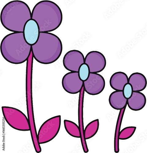 Three colorful cartoon flowers blooming in vibrant purple and pink hues