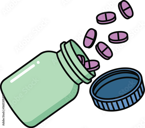 Bottle of pills tipping over, spilling medication onto white background.